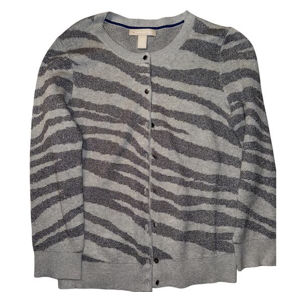 Banana Republic Cardigan Sweater Women's Medium Gray Zebra Stripe Silk - Picture 1 of 5
